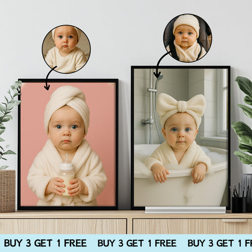 Custom Baby Bath Portrait · Personalized Towel Robe Baby Wall Art · Cute Infant Illustration · Digital Download