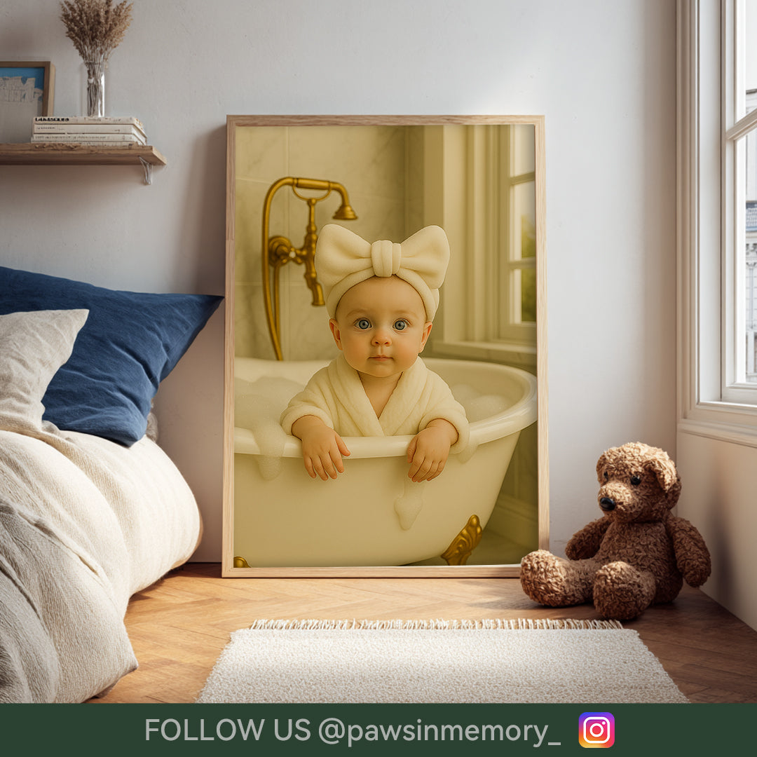 Custom Baby Bath Portrait · Personalized Towel Robe Baby Wall Art · Cute Infant Illustration · Digital Download