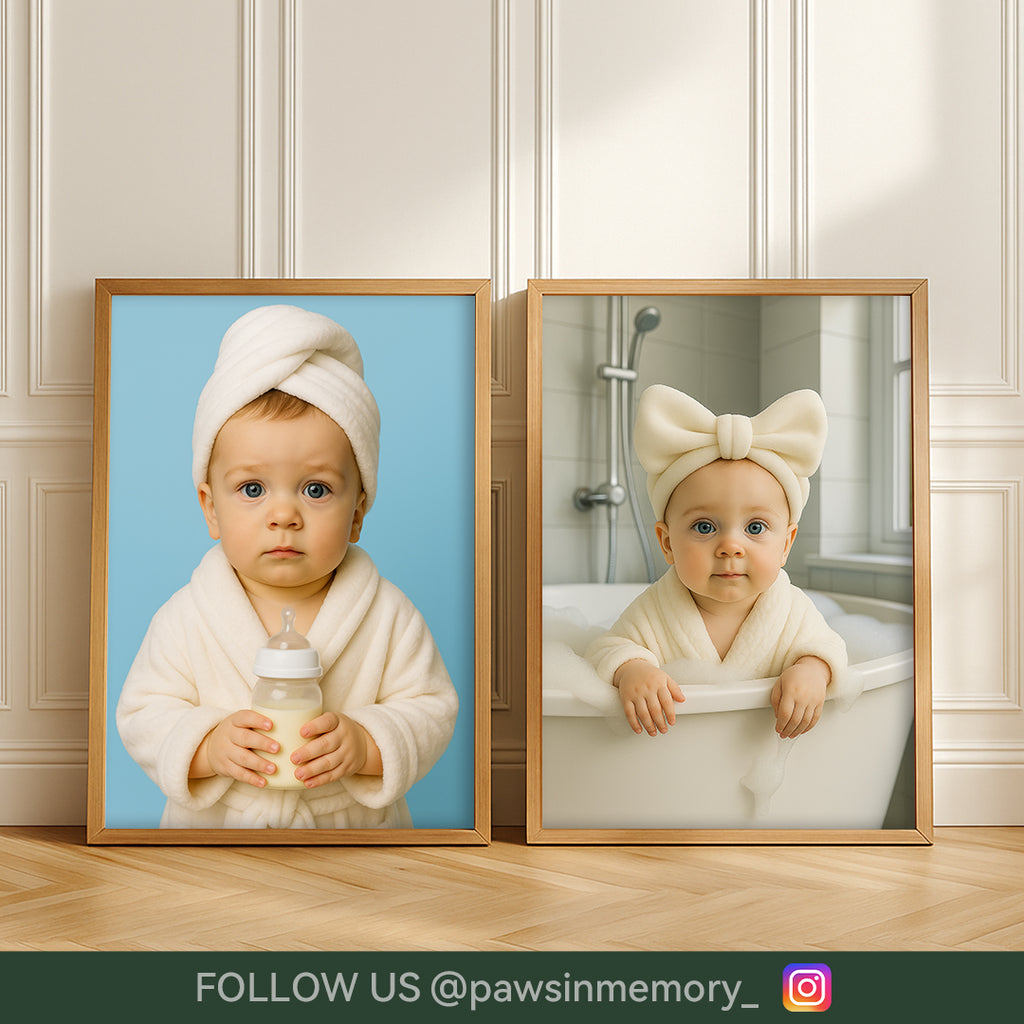 Custom Baby Bath Portrait · Personalized Towel Robe Baby Wall Art · Cute Infant Illustration · Digital Download