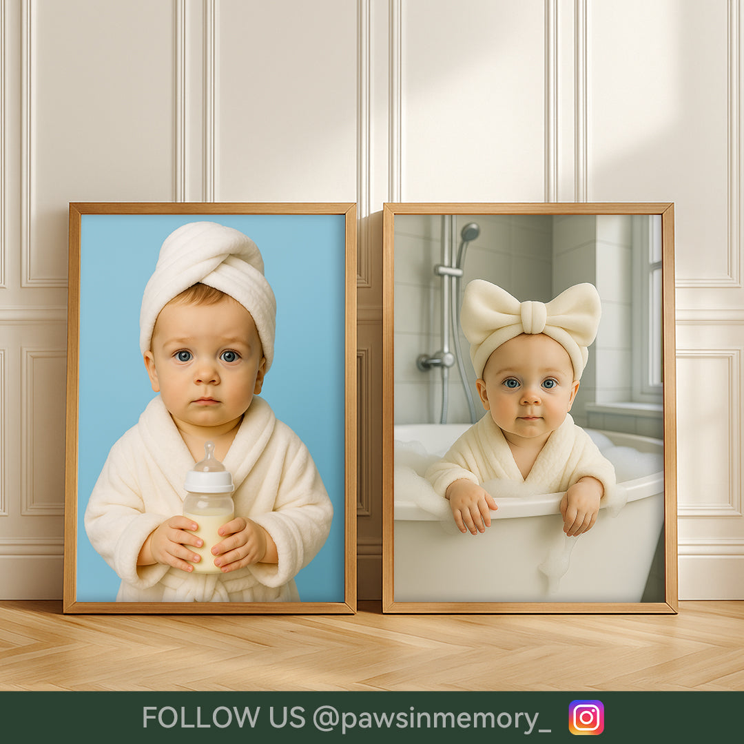 Custom Baby Bath Portrait · Personalized Towel Robe Baby Wall Art · Cute Infant Illustration · Digital Download