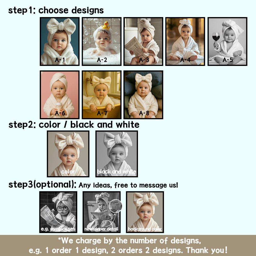 Custom Baby Bath Portrait · Personalized Towel Robe Baby Wall Art · Cute Infant Illustration · Digital Download