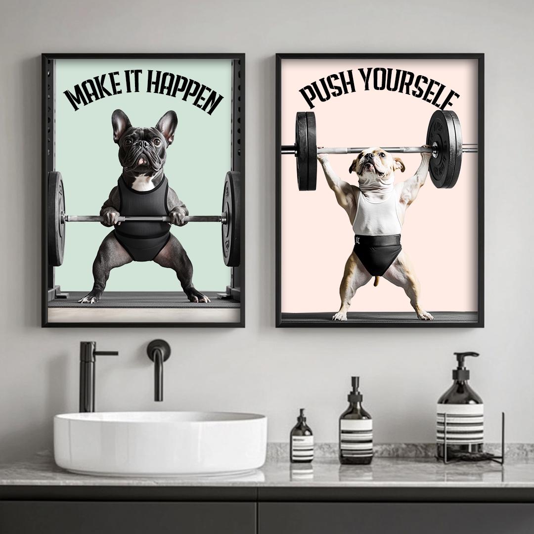 Custom Pet Portrait – Funny Fitness Dog Art with Motivational Quote | Gym Wall Digital Download