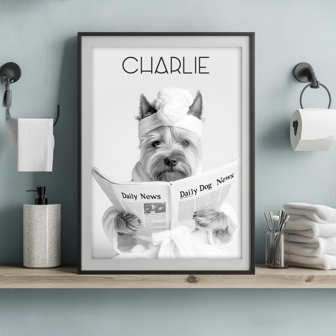 Custom Pet Portrait – Funny Bathroom Dog Art with Personalized Signature | Digital Download