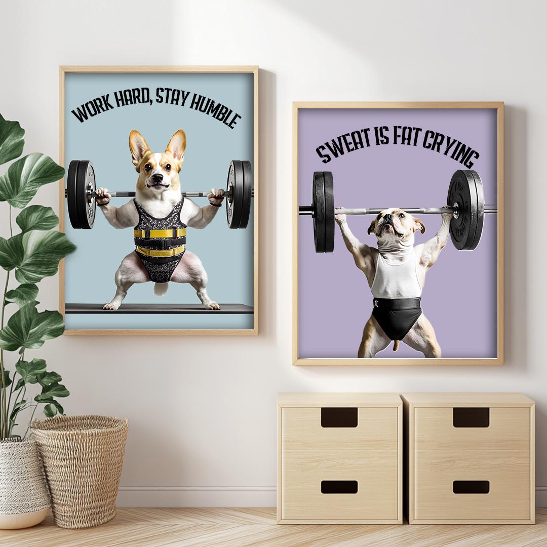Custom Pet Portrait – Funny Fitness Dog Art with Motivational Quote | Gym Wall Digital Download