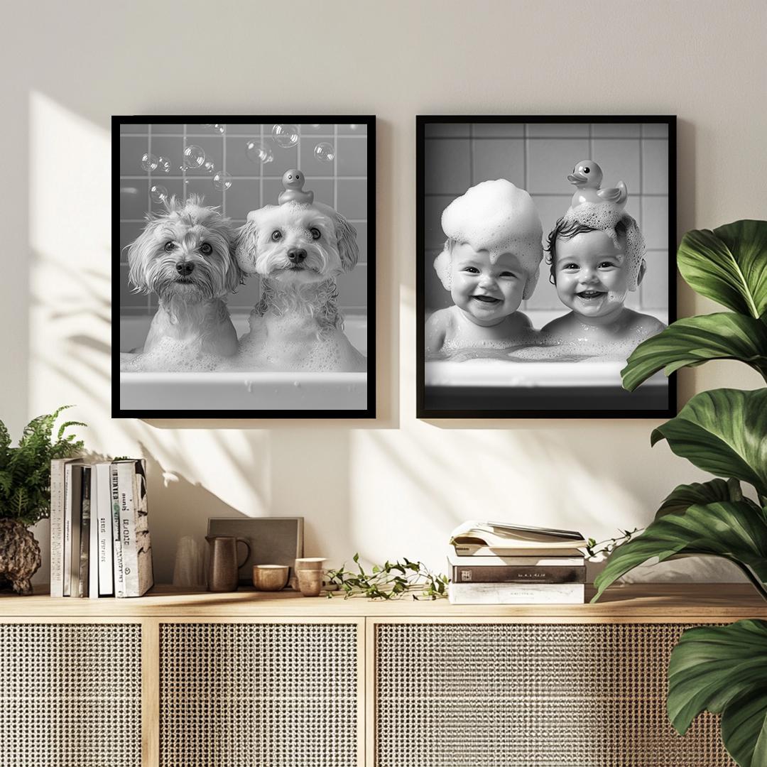 Funny Dog Bathroom Wall Art – 4 Printable Pet Bath Illustrations Set | Digital Download