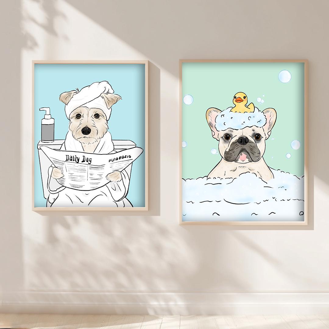 Custom Pet Portrait – Funny Bathroom Dog Art | Hand-Drawn Digital Download for Wall Decor