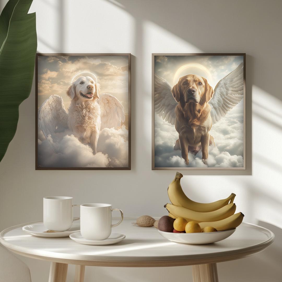 Custom Pet Memorial Portrait – Angel Wings Theme | Digital Dog Remembrance Art Download