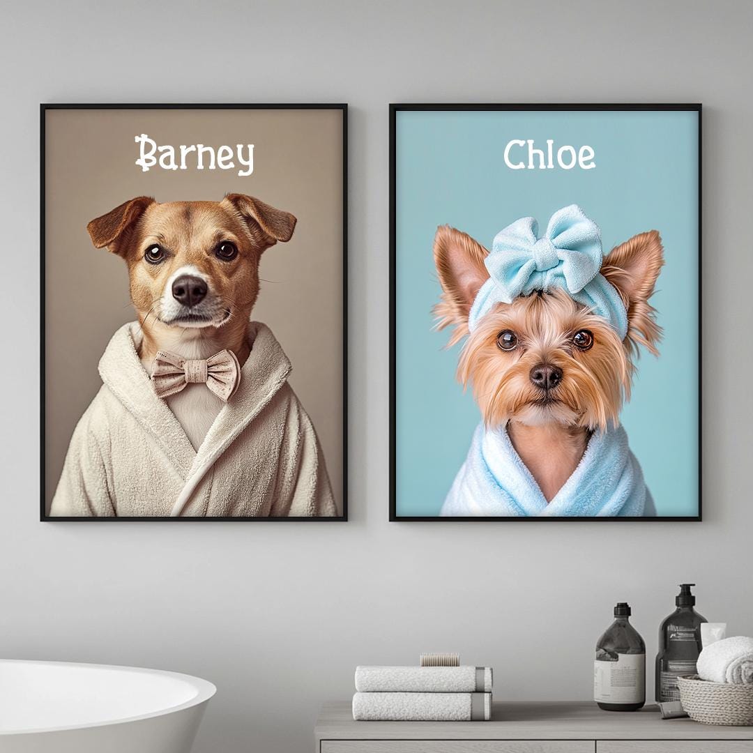 Custom Pet Portrait – Funny Bathroom Dog Art with Personalized Signature | Digital Download