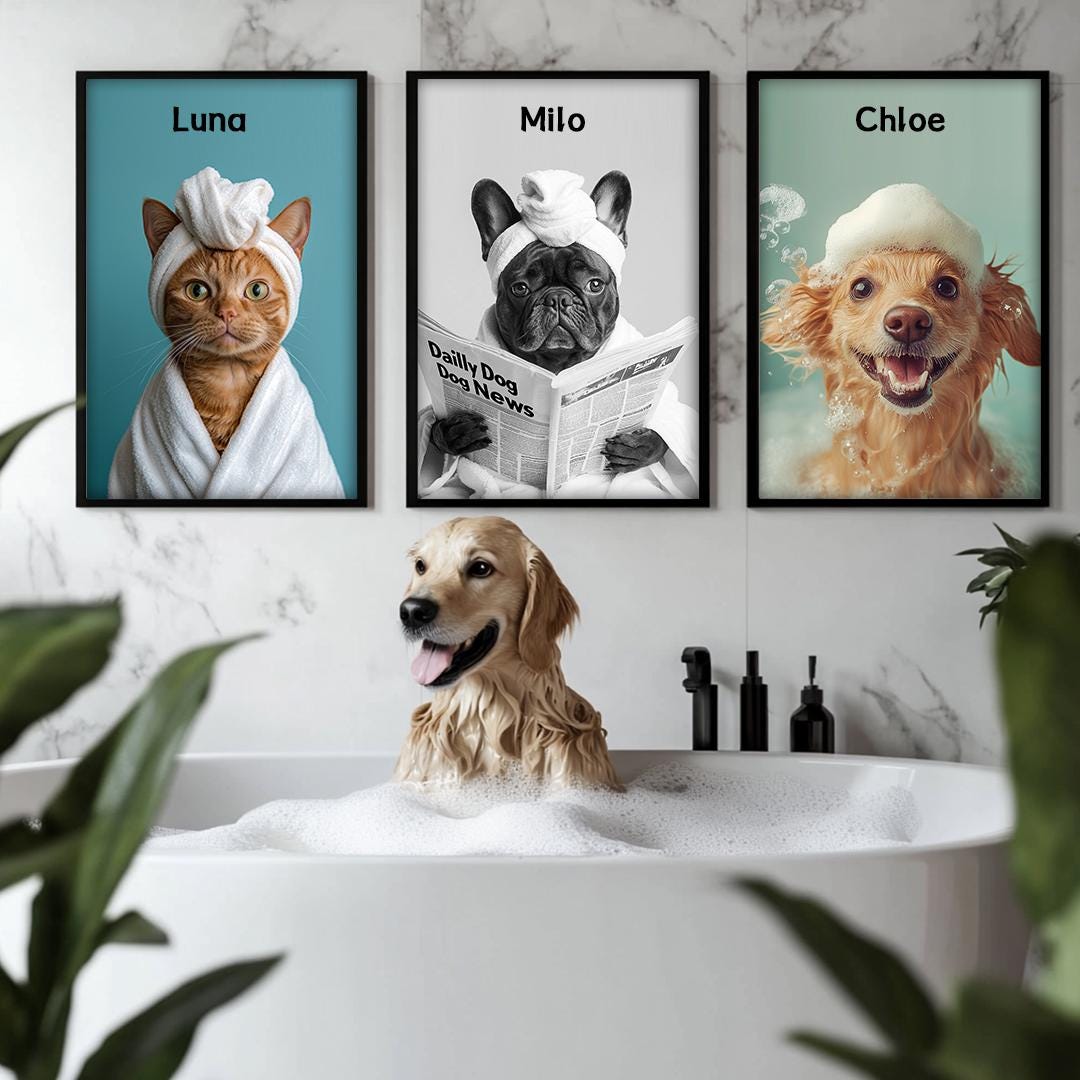 Custom Pet Portrait – Funny Bathroom Dog Art with Personalized Signature | Digital Download