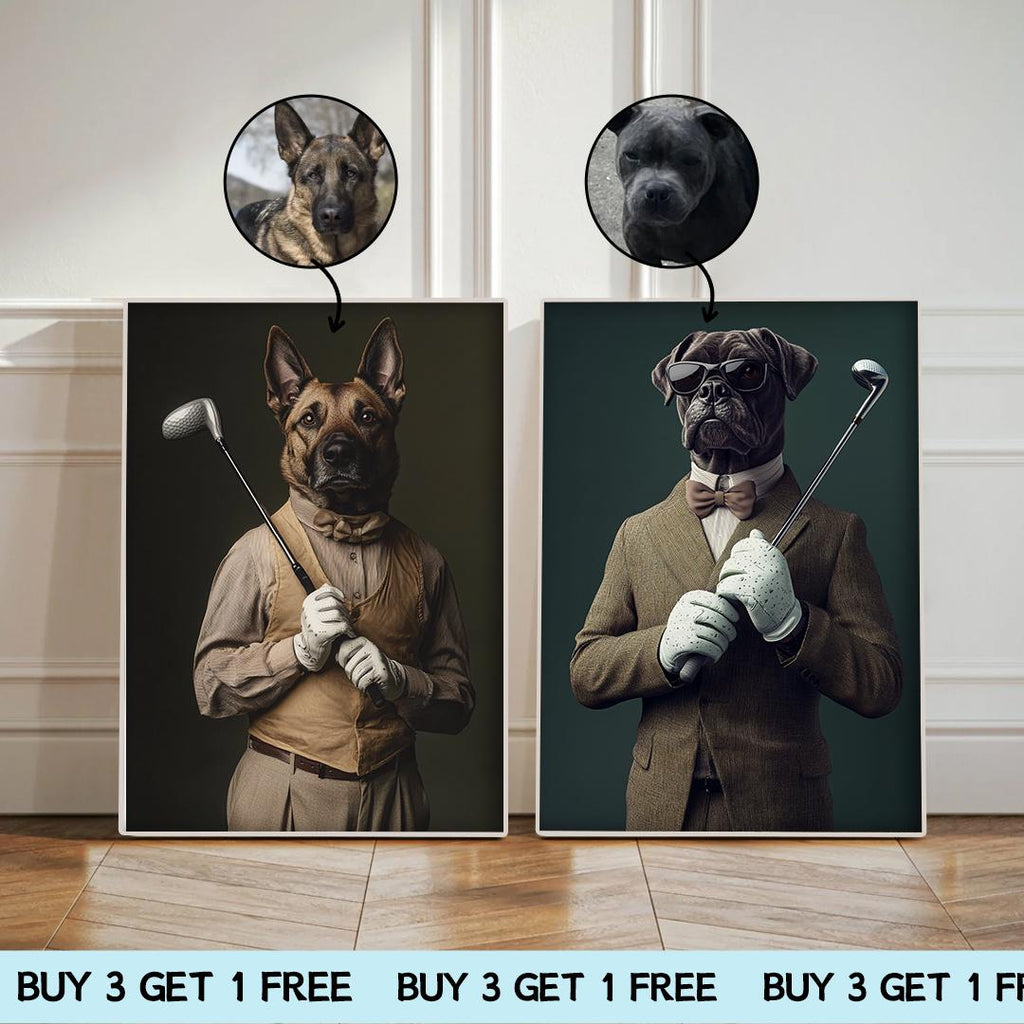 Custom Pet Portrait – Funny Golf Theme Dog Art | Digital Download Sports Pet Illustration