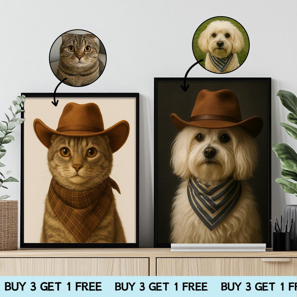 Custom Pet Portrait – Western Cowboy Theme | Funny Dog Art Digital Download