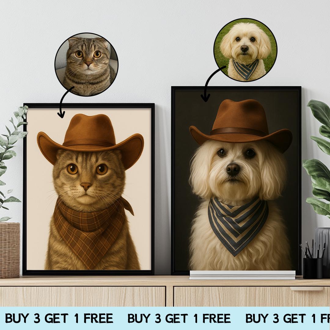 Custom Pet Portrait – Western Cowboy Theme | Funny Dog Art Digital Download