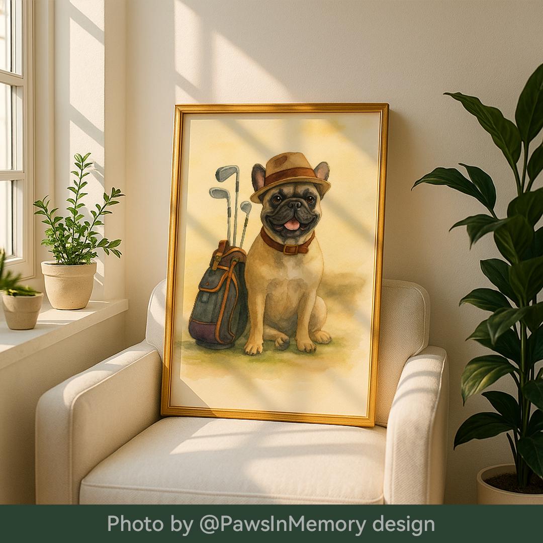Custom Pet Portrait – Watercolor Golf Theme | Funny Dog Art Digital Download