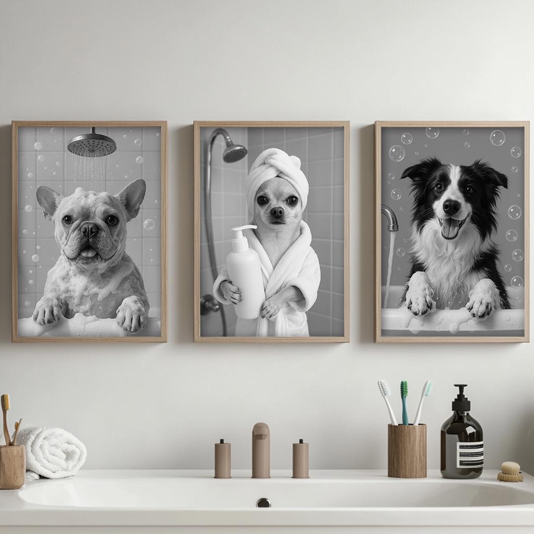 Funny Dog Bathroom Wall Art – 4 Printable Pet Bath Illustrations Set | Digital Download