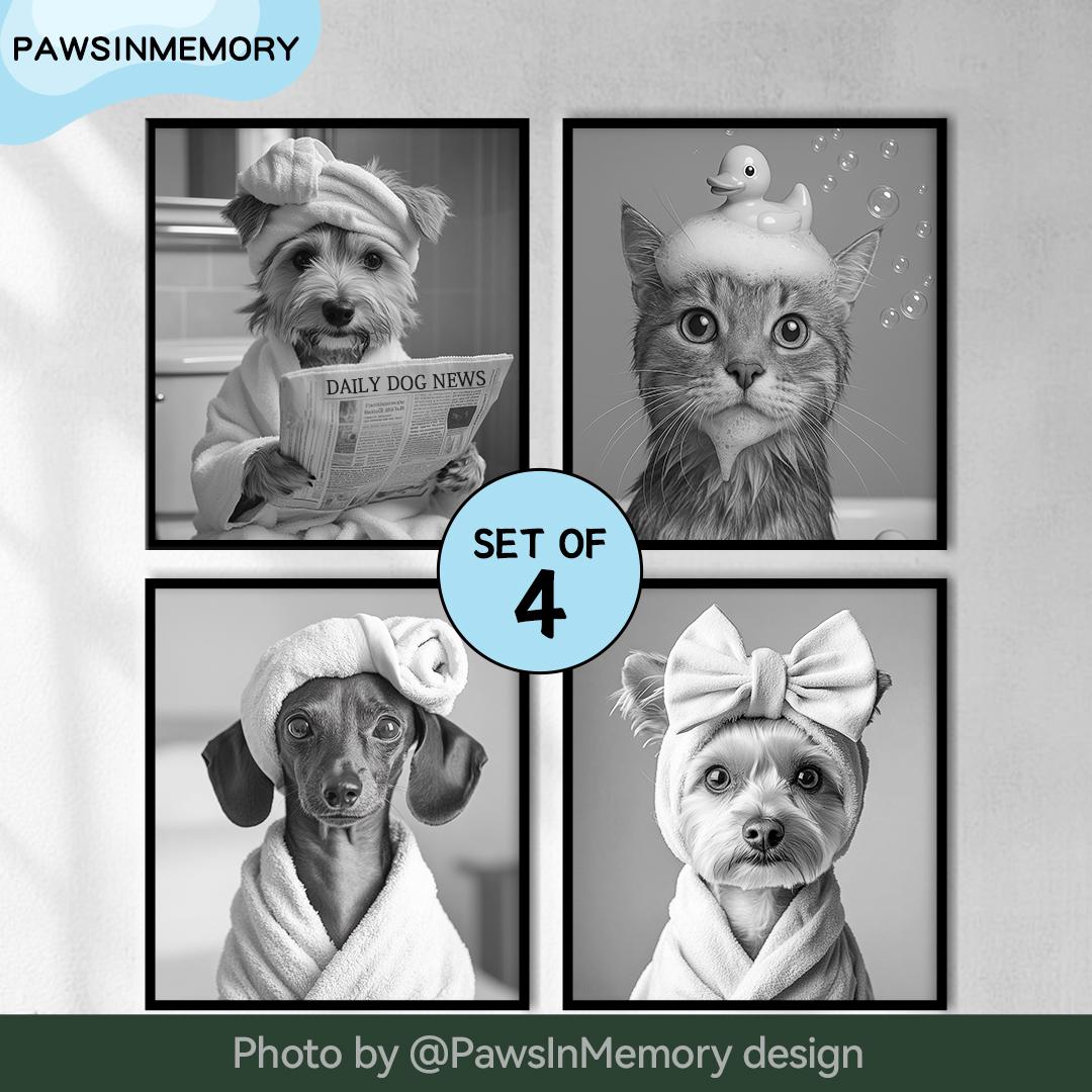 Funny Dog Bathroom Wall Art – 4 Printable Pet Bath Illustrations Set | Digital Download