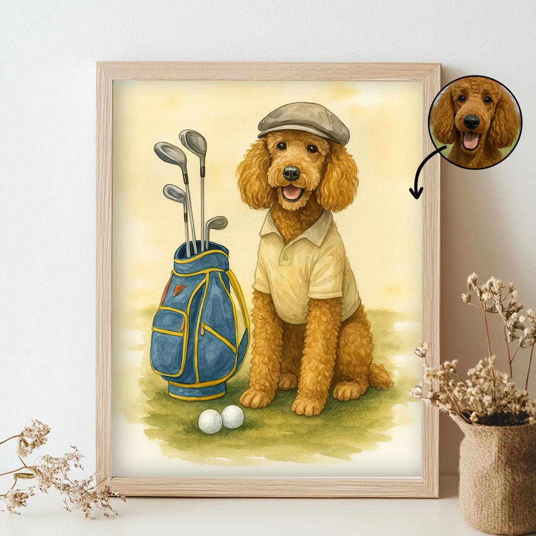 Custom Pet Portrait – Watercolor Golf Theme | Funny Dog Art Digital Download