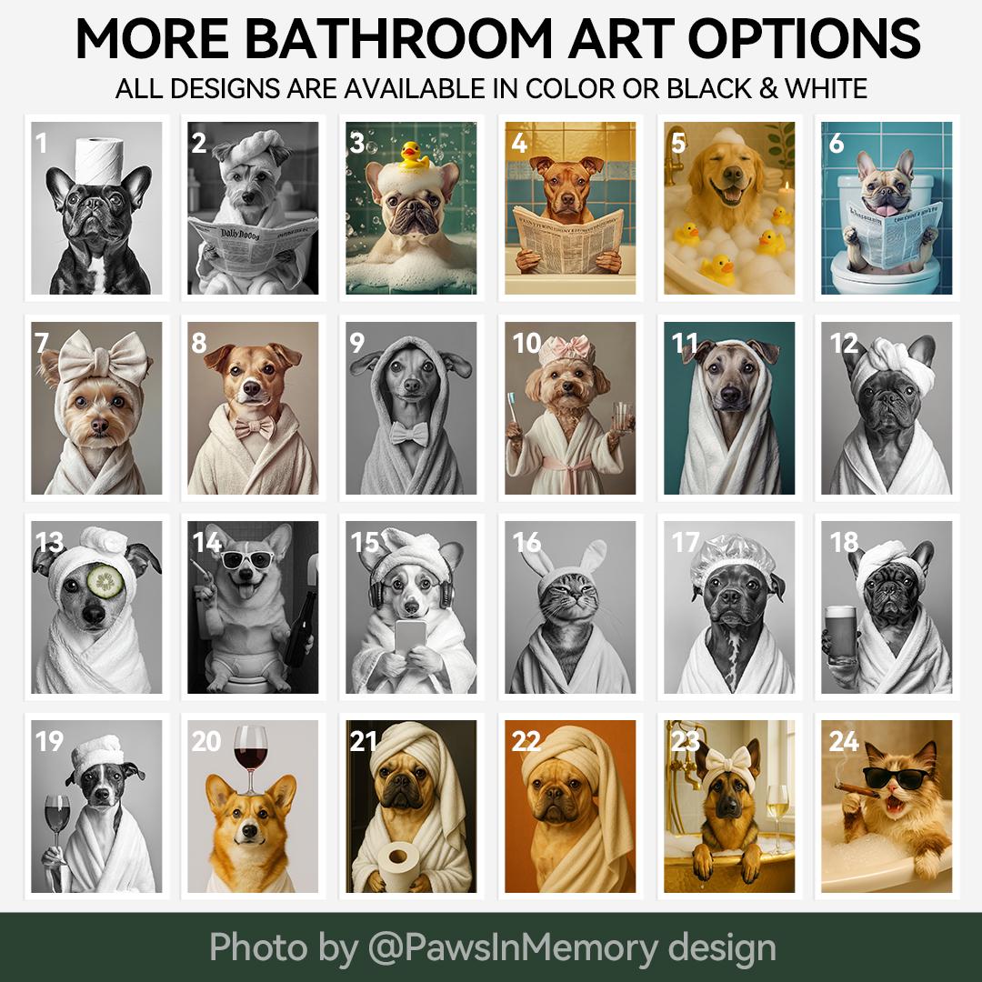 Funny Dog Bathroom Wall Art – 4 Printable Pet Bath Illustrations Set | Digital Download