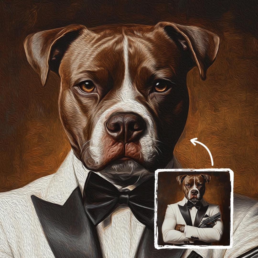 Custom Pet Portrait – 007 Secret Agent Dog in Suit | Funny Spy Theme Digital Download