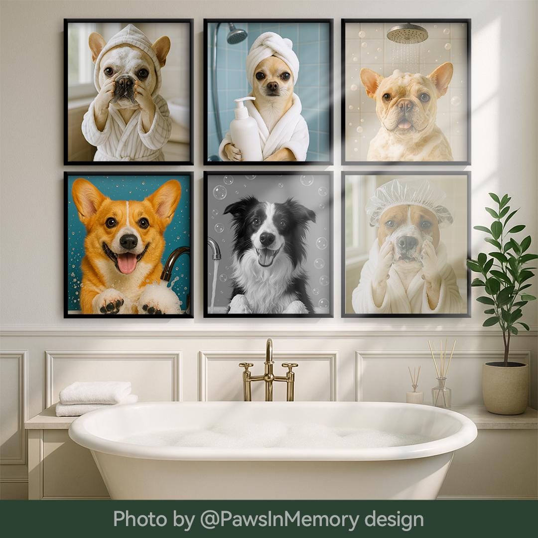 Funny Dog Bathroom Wall Art – 5 Printable Pet Bath Illustrations Set | Digital Download