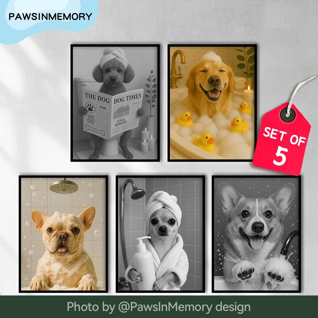 Funny Dog Bathroom Wall Art – 5 Printable Pet Bath Illustrations Set | Digital Download