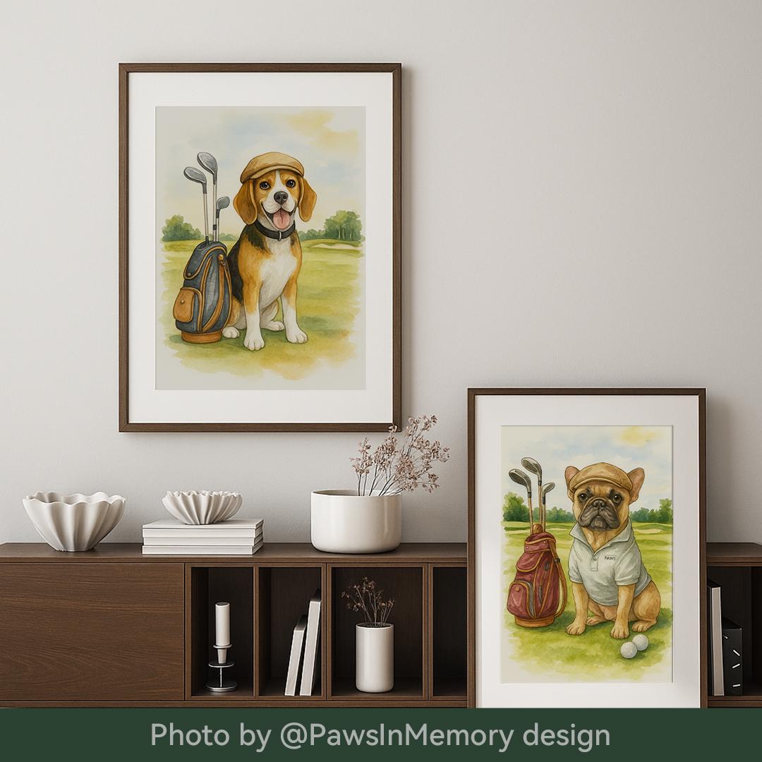 Custom Pet Portrait – Watercolor Golf Theme | Funny Dog Art Digital Download