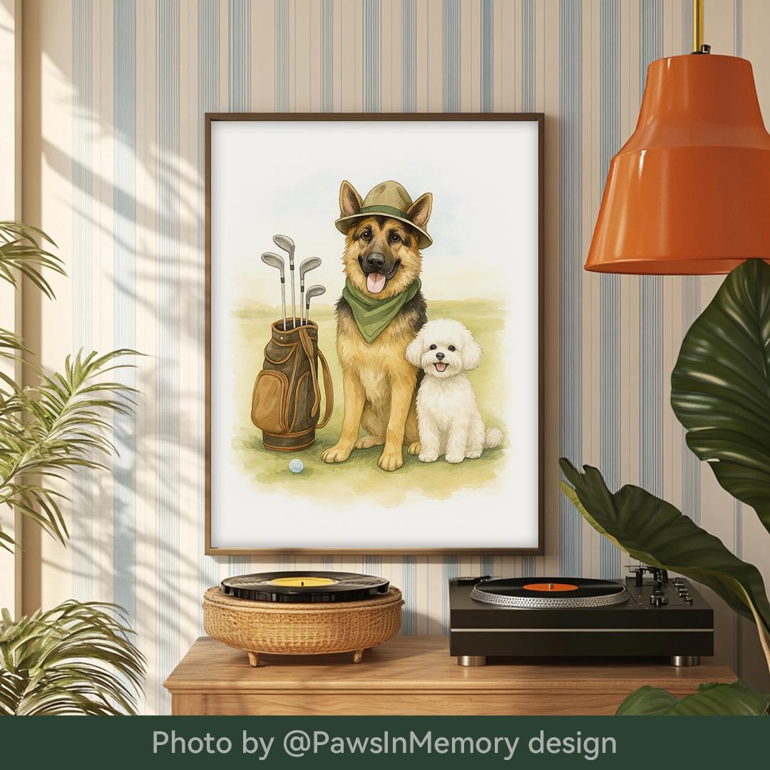 Custom Pet Portrait – Watercolor Golf Theme | Funny Dog Art Digital Download