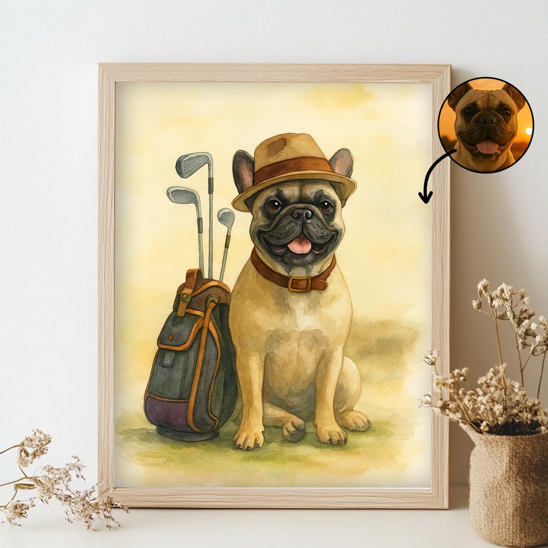 Custom Pet Portrait – Watercolor Golf Theme | Funny Dog Art Digital Download