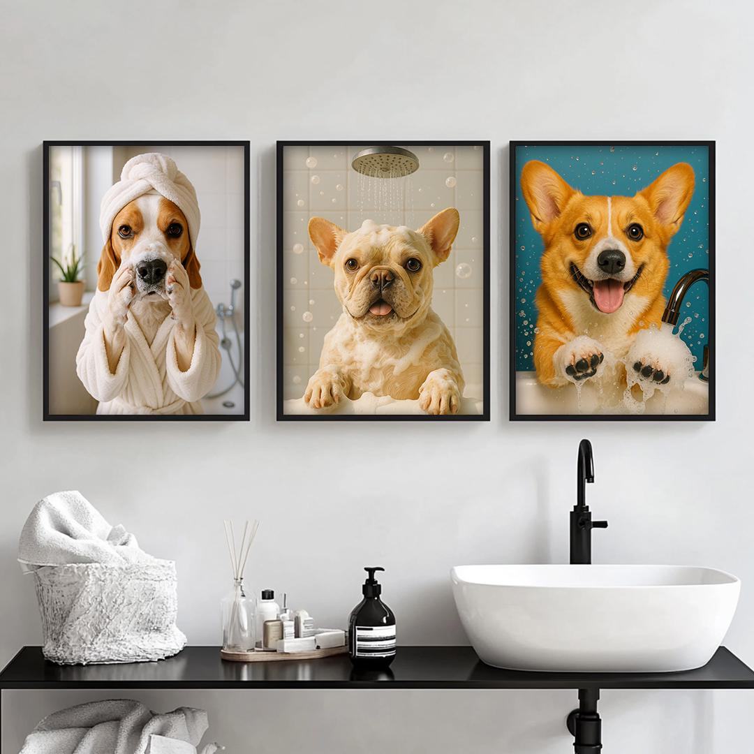 Funny Dog Bathroom Wall Art – 3 Printable Toilet Illustrations Set | Digital Download