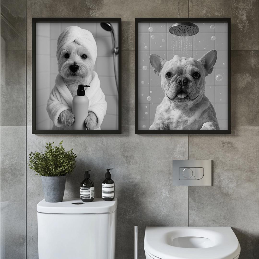 Funny Dog Bathroom Wall Art – 3 Printable Toilet Illustrations Set | Digital Download