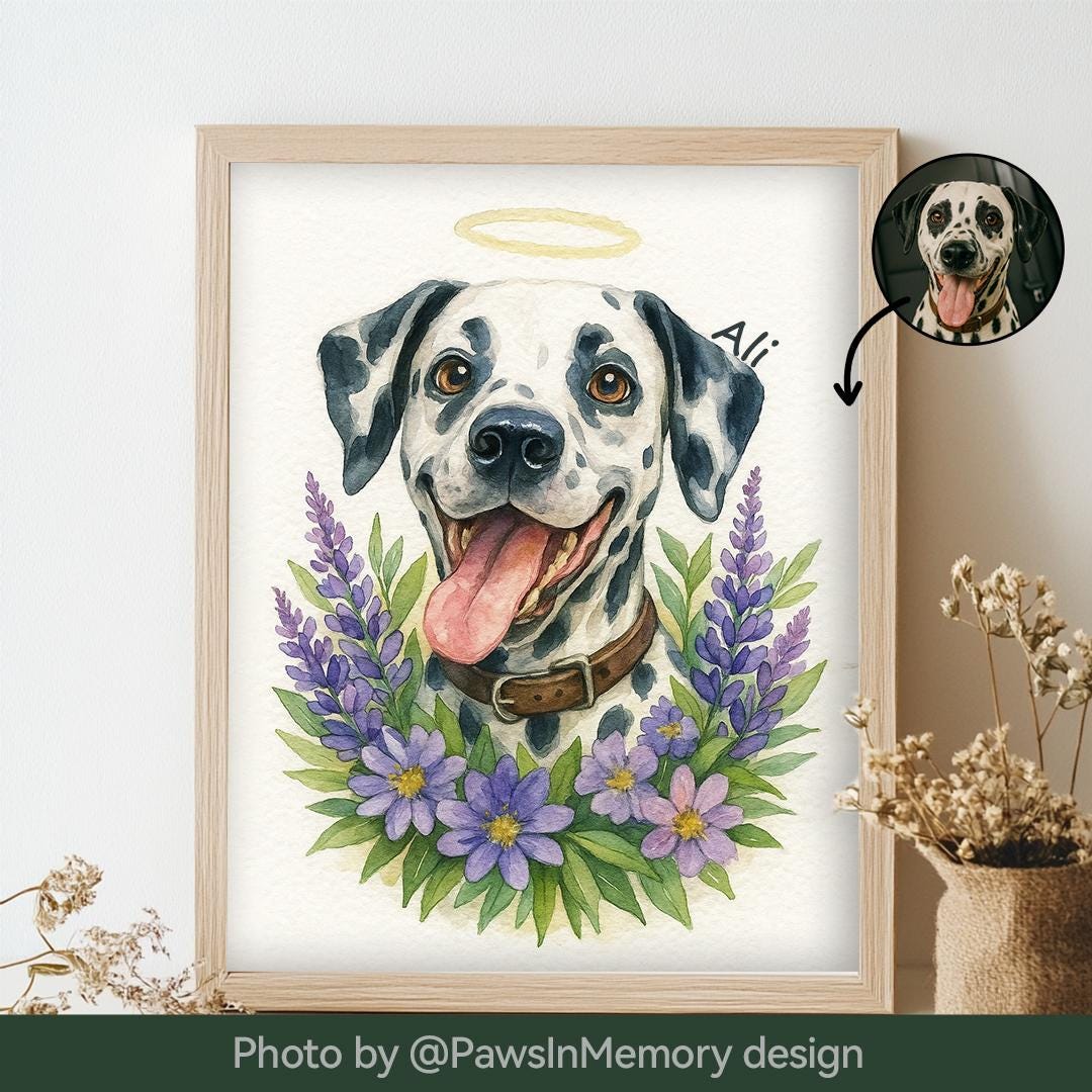 Custom Pet Memorial Portrait – Watercolor Floral Tribute | Digital Download Remembrance Art