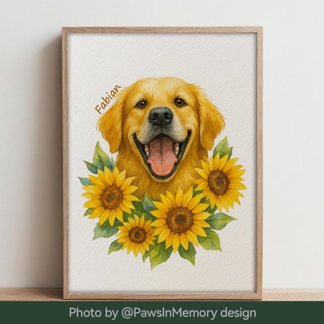 Custom Pet Memorial Portrait – Watercolor Floral Tribute | Digital Download Remembrance Art
