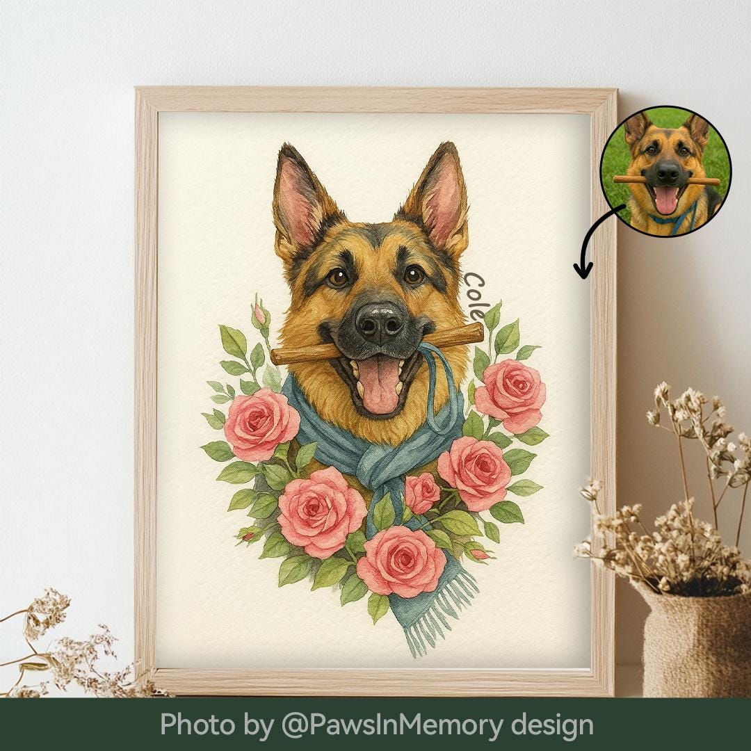 Custom Pet Memorial Portrait – Watercolor Floral Tribute | Digital Download Remembrance Art