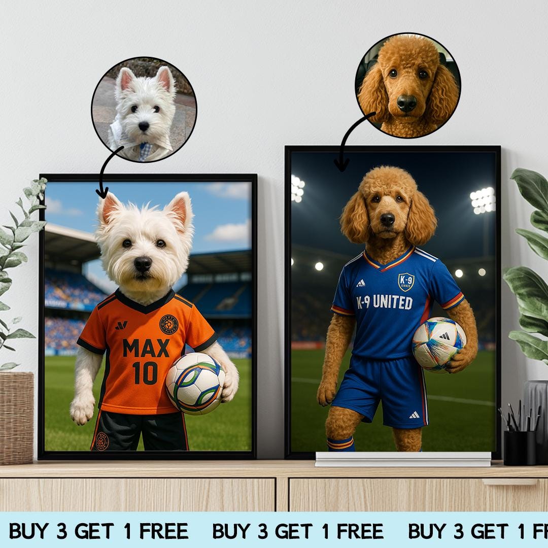 Custom Pet Portrait – Funny Soccer Dog Art | Football-Themed Digital Download
