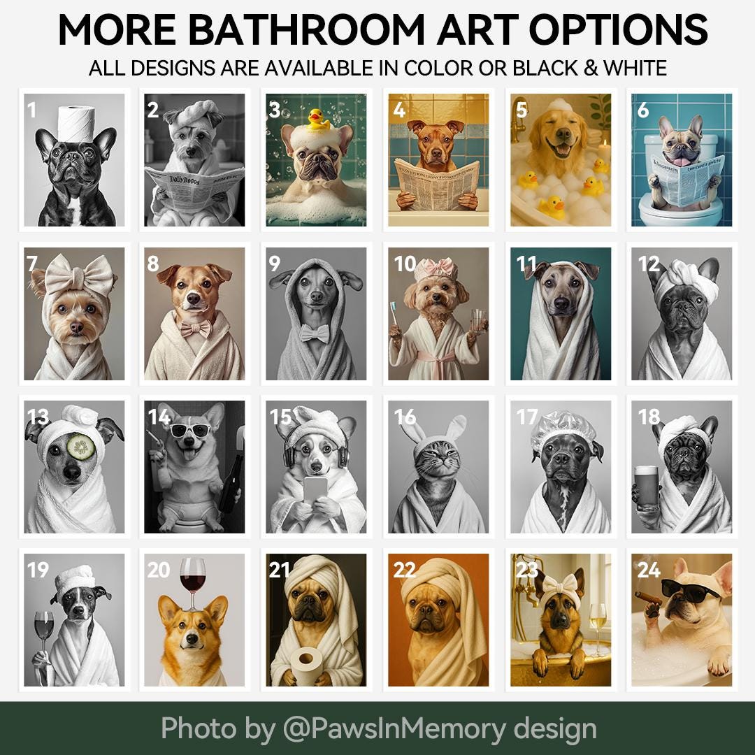 Funny Dog Bathroom Wall Art – 5 Printable Pet Bath Illustrations Set | Digital Download