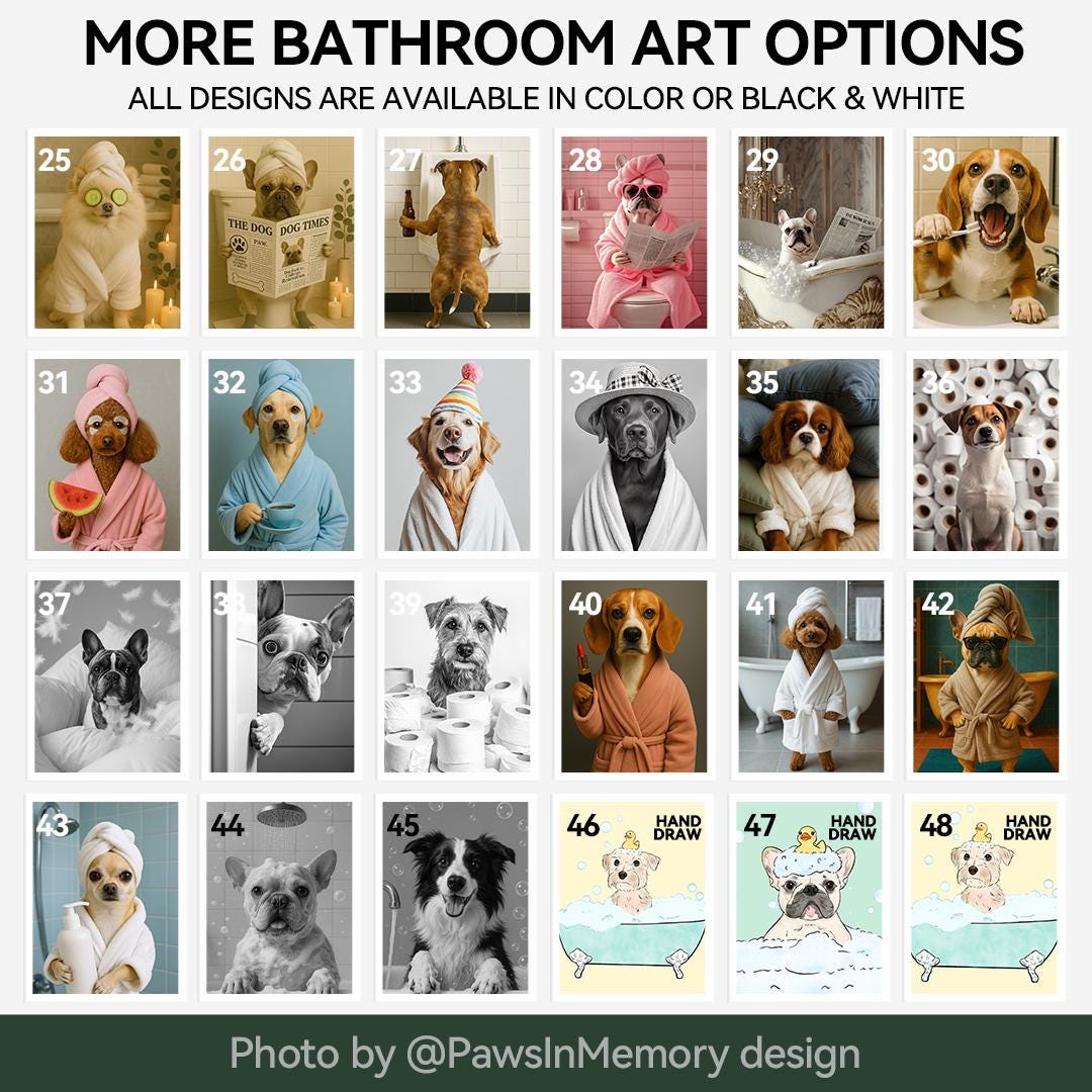 Funny Dog Bathroom Wall Art – 5 Printable Pet Bath Illustrations Set | Digital Download