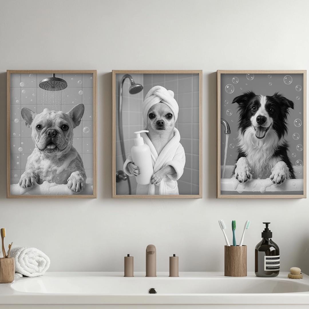 Funny Dog Bathroom Wall Art – 5 Printable Pet Bath Illustrations Set | Digital Download
